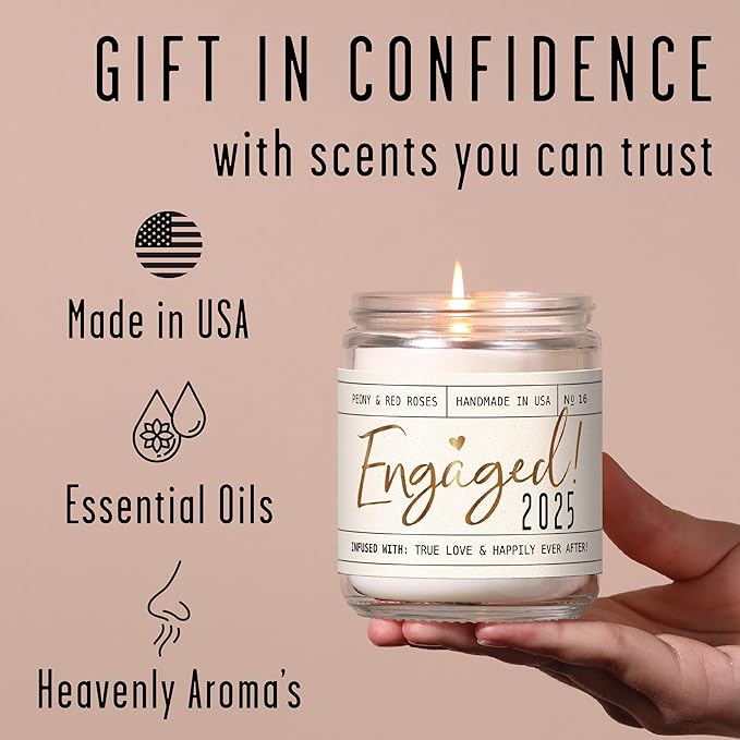 Engagement Gift, Engagement Gifts for Couples -'Engaged 2025' Candle, w/Peony & Rose Wedding Bouquet I Fiance Gifts for Women I Engaged Gift for Her I 50Hr Burn, USA Made