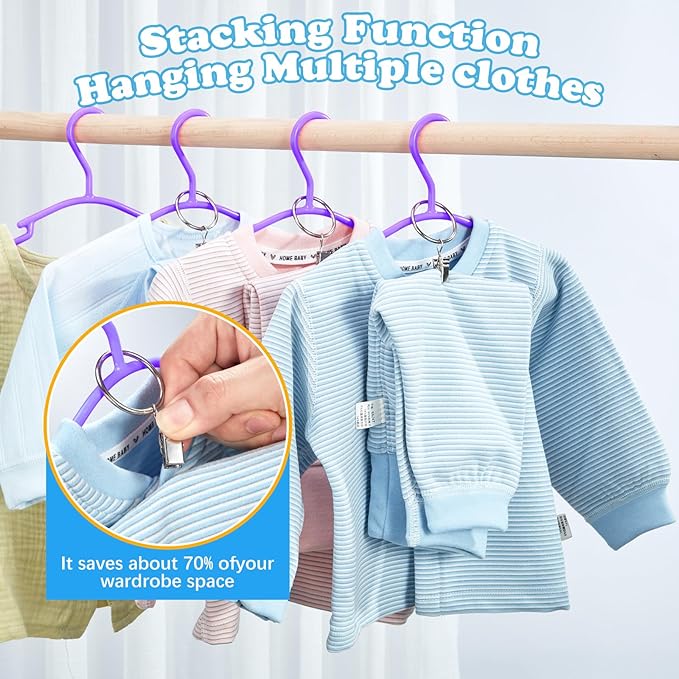 Baby Hangers with Metal Ring Clips, Children Plastic Hanger for Kids Pants Clothes Closet, 20 Pack, Purple