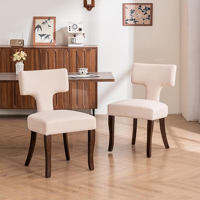 Mid Century Modern Dining Chairs Set of 2, Upholstered Side Dining Chairs with Curved Back Linen Fabric Armless Wood Chairs Kitchen & Dining Room Farmhouse Chairs (White)