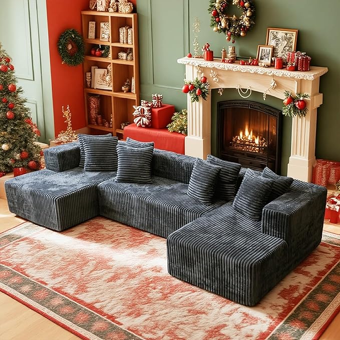 106'' Boneless Couches for Living Room, L Shaped Modular Sectional Sofa with Chaise Lounge, Faux Rabbit Fur & Layered Cushion Deep Seat Cloud Couch, No Assembly (Dark Grey, 130 U Shaped)