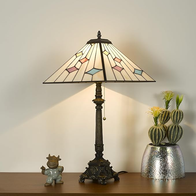 Tiffany Table Lamps White Stained Glass Stripes Checkered Style Mission Desk Lamp 12X12X24 Inch Bronze Resin Base