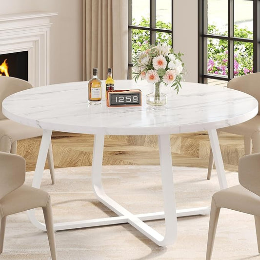 LVB White Faux Marble Round Dining Table, Circle Dining Table Kitchen 4-6 People, Mid-Century Pedestal Dinner Office Living Room, White Marble, 51 Inch