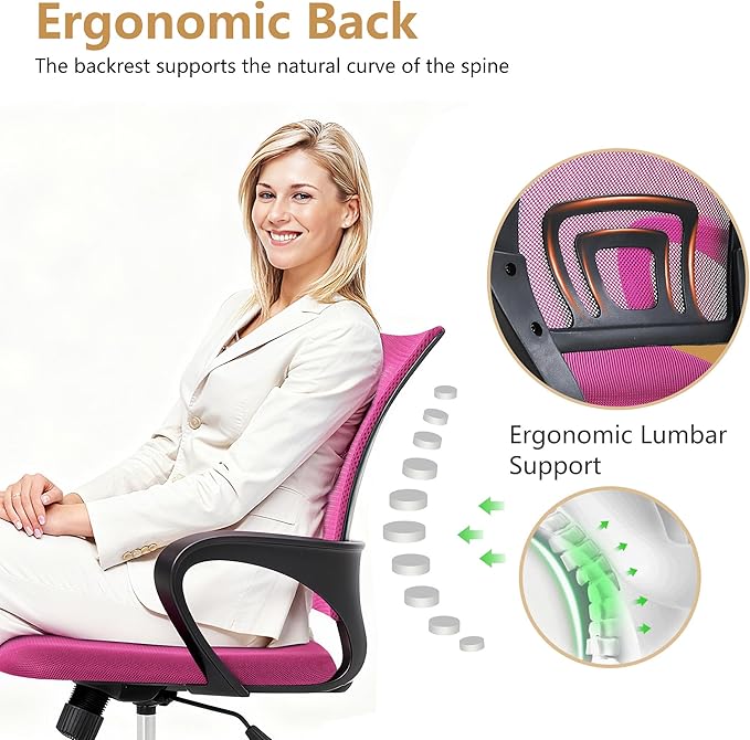 BestOffice | Ergonomic Office Chair | Mid-Back Swivel Desk Chair | Breathable Backrest & Lumbar Support | Adjustable Height | Sponge Seat | Rolling Wheels | Peach Pink | for Adults & Women