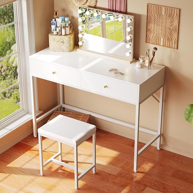 SUPERJARE 35.4" White Desk with 2 Drawers, Modern Makeup Vanity with Padded Stool, Small Computer Desk Home Office Desk for Writing Study Bedroom