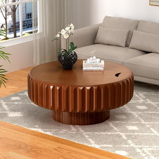 31.5'' Wooden Round Coffee Table with Storage, Modern Luxury Circle Drum Center Tables with Solid Wood Fluted, Accent Round Coffee Table for Living Room Apartment Small Space, Walnut