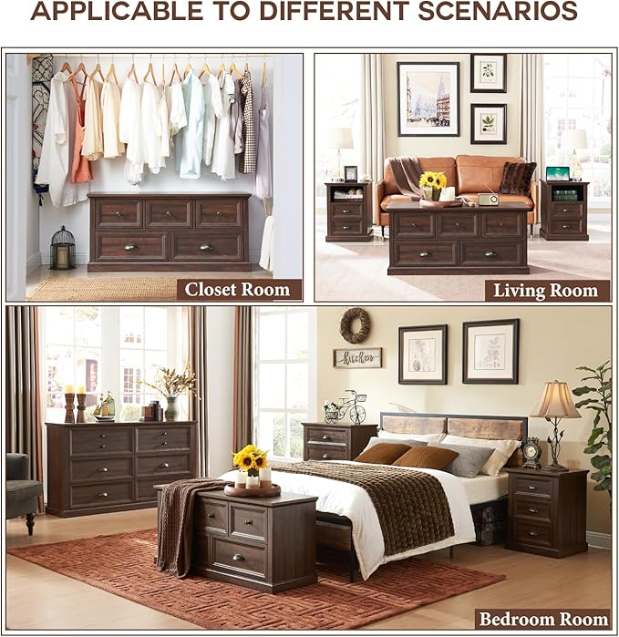 Farmhouse 5 Drawers Dresser for Bedroom, 45" Wide Chest of Drawers, 21" Tall Storage Closet Bench Storage Chest Storage Trunk, Wood Rustic Dresser for Closet, Living Room, Hallway, Brown