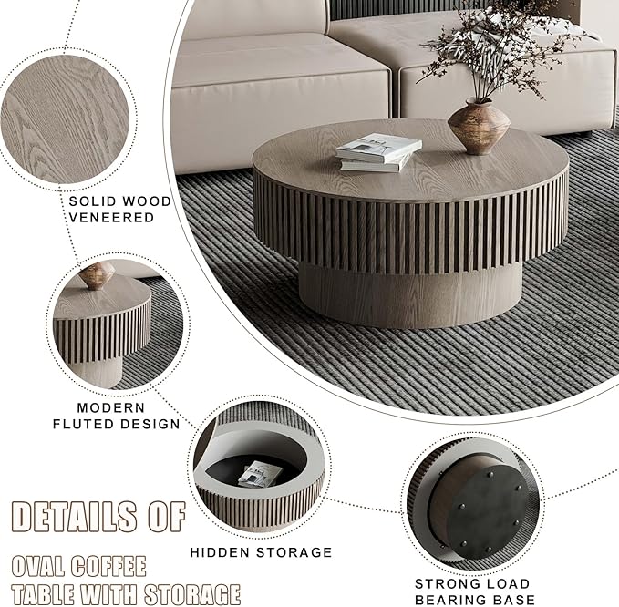 31.5'' Small Round Coffee Table with Storage, Fluted Coffee Table with Solid Wood Veneered, Mid Century Modern Wooden Center Table, Accent Tea Table for Small Space Living Room Apartment, Grey
