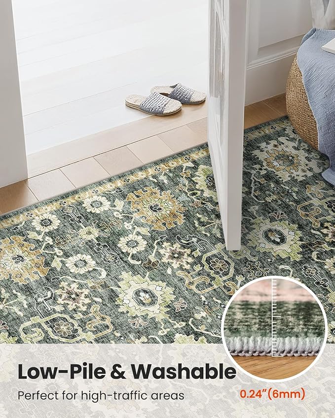 AMADA HOMEFURNISHING 8x10 Washable Area Rug, Low-Profile Large Area Rug with Non-Slip Backing & Durable Edge Binding, Vintage Large Rugs for Living Room, Bedroom, Dinning Room