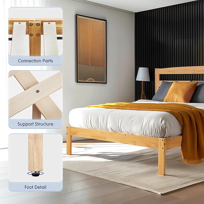 Hokway Wood Queen Bed Frame with Headboard-No Wobble,Noise-Free,Easy Assembly with Precise Holes,12 in Reinforced Center Legs,No Box Spring Needed,Natural