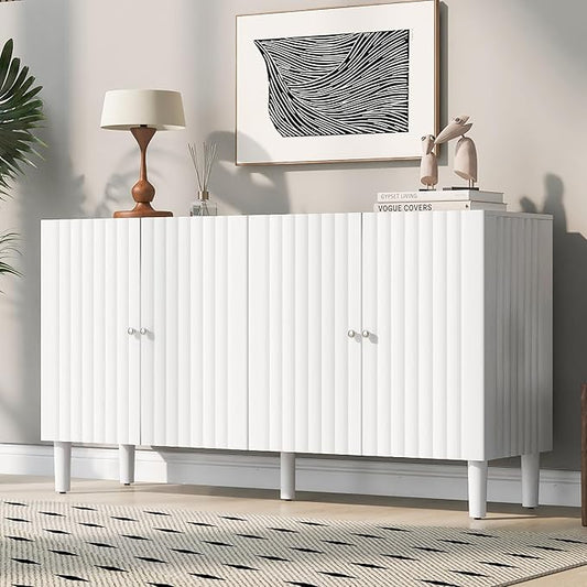 Modern Elegant Sideboard with 4 Wavy Pattern Doors and Cylindrical Legs, 58'' Storage Cabinets with Adjustable Shelves, Accent Entryway Cabinet for Living Room Hallway Kitchen (White-4UV)