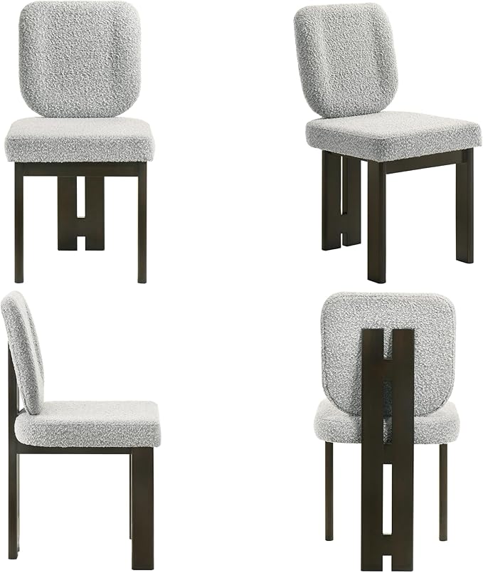 Modern Boucle Dining Chairs Set of 2, Farmhouse Sherpa Upholstered Wooden Kitchen Chairs with Back, Side Armless Dining Room Chairs with Brown Wood Legs for Kitchen Restaurant, Gray