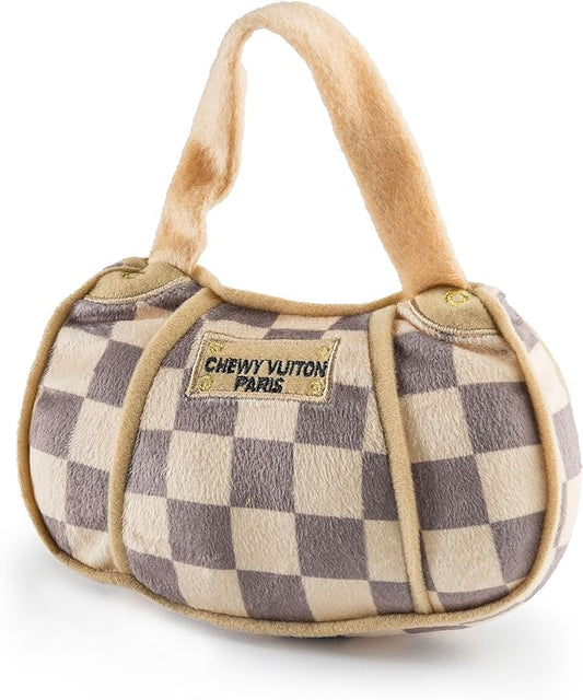Haute Diggity Dog Haute Diggity Checker Chewy Vuiton Dog Handbag - Medium Plush Designer Dog Toys with Squeaker & Machine-Washable Enrichment & Safe Materials for All Breeds, Size Medium