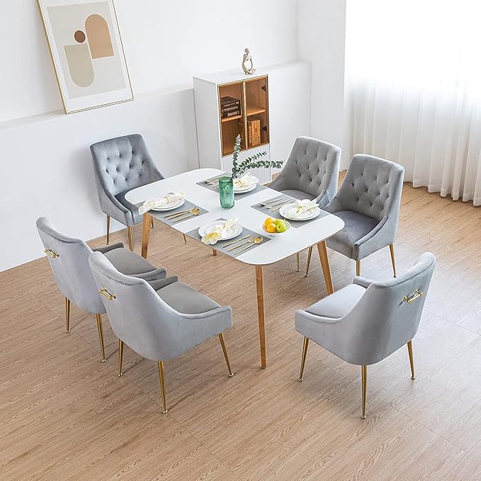 Modern Dining Chairs Set of 4, Mid Century Dining Chairs with 5.12” Cushions and Golden Legs, Velvet Upholstered Chairs with Back Pull Rod, for Kitchen, Living Room, Grey