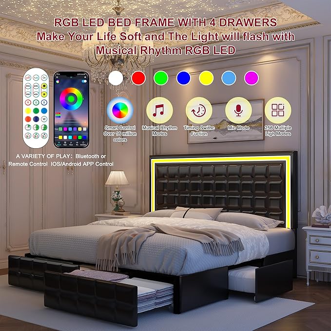 Full Led Bed Frame with 4 Storage Drawers, No Box Spring Needed, Supports 900 lbs, Easy Assembly, Quiet and Sturdy Design, PU Black