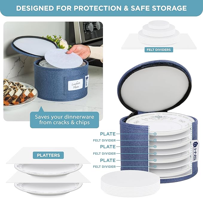 Hard Shell China Storage Containers 8-Piece Set Moving Boxes for Dinnerware, Glasses, Plates, Mugs and Saucers Sturdy Dish Organizer with Dividers for Seasonal Storage - Service for 12 - Denim Blue