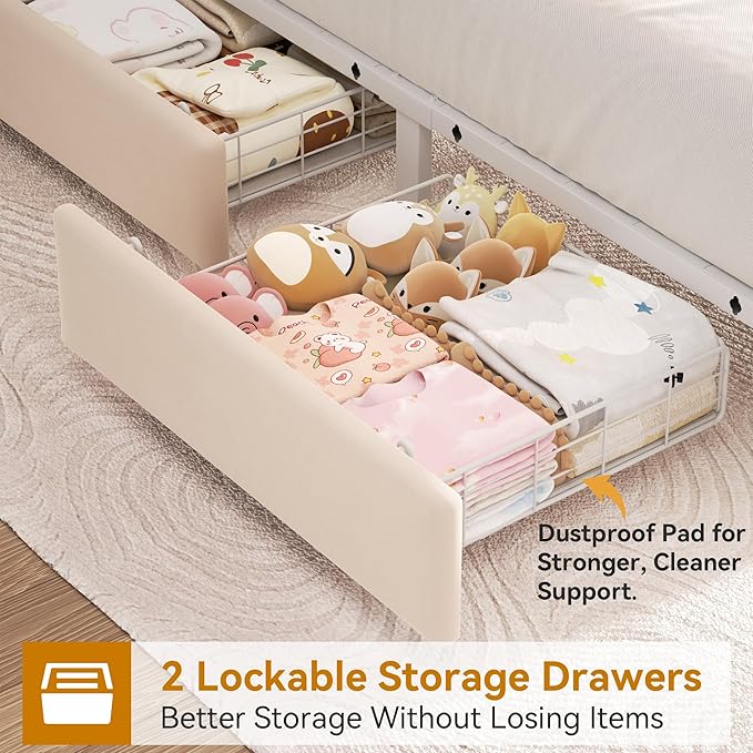 Twin Upholstered LED Bed Frame with 2 Storage Drawers and 2-Tier Storage Bookcase Headboard, Velvet Princess Platform Bed for Kids/Girls/Boys, Heavy Duty Metal Support, No Box Spring Needed, Beige