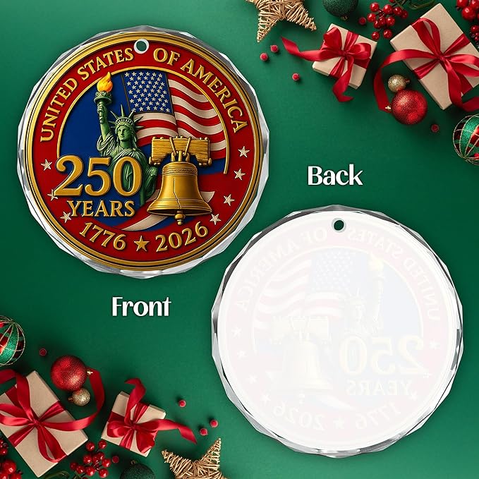 FLAGWIX 250th Anniversary USA Ornament for Patriotic Christmas Decorations - Glass Patriotic Christmas Ornaments - United States 250 Years American Anniversary Bell Ornament, Veterans Day Gifts Bulk