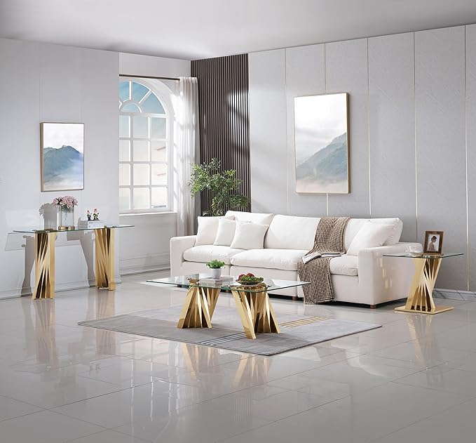 Goujxcy Modern Glass Console Table 55" Gold Entryway Table with Tempered Glass Top and Mirror Finish Stainless Steel Legs, Luxury Rectangular Sofa Table for Living Room Hallway Corridor Table (Gold)