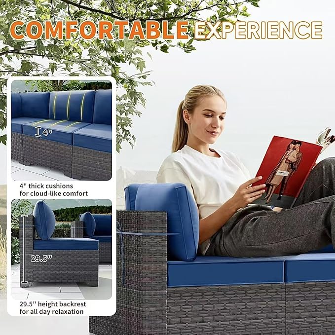 Gotland 9 Pieces Patio Furniture Set with 29.5'' High Backrest, All Weather PE Wicker Outdoor Furniture with 4’’ Thickened Cushions Coffee Table, Patio Set for Deck, Garden, Backyard, Navy