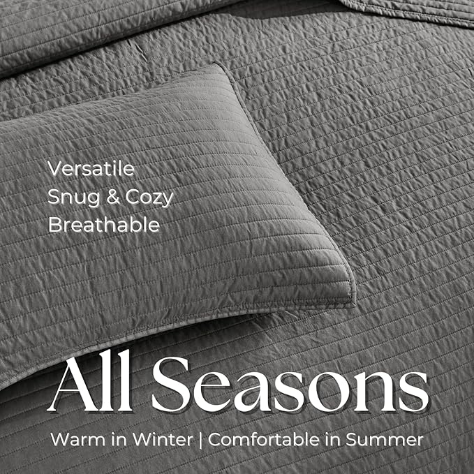 DOWN HOME Twin Quilt Bedding Set with Sham, Vintage Washed Soft Quilted Blanket Thin Comforter Lightweight Bedspread Coverlet Bed Cover, Brushed Microfiber Stripe Stitching, Ash Gray, 66"x92"