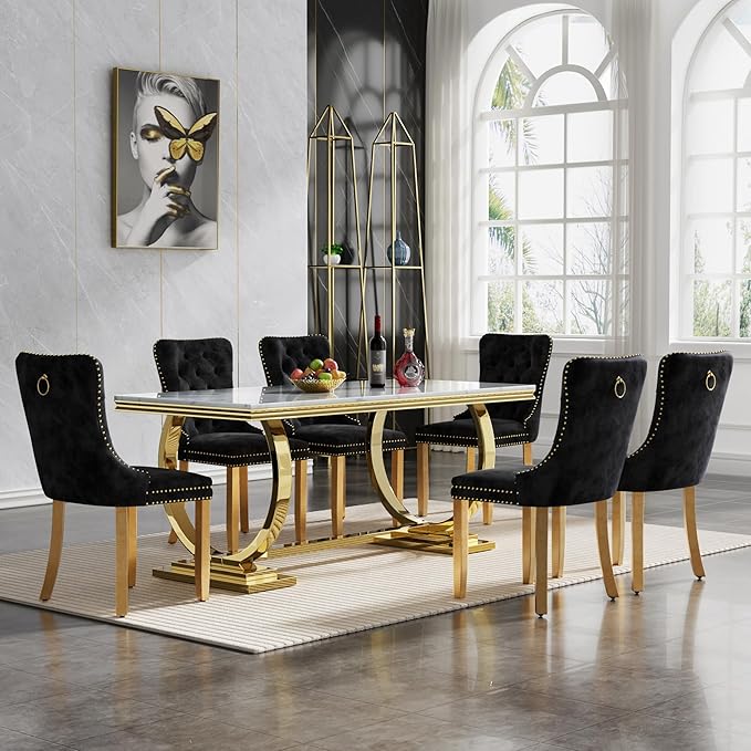 7 Piece Marble Dining Table Set for 6, Luxury White Marble Gold Kitchen Table with 6 Grey Velvet Upholstered Chairs, Modern 6 Person Dining Room Table Set for Kicken Dining Office Room
