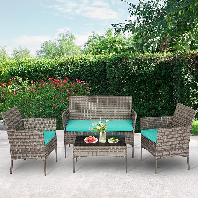FDW | 4-Piece Patio Furniture Set | Gray & Blue | Outdoor Wicker Furniture with Coffee Table | Modern Rattan Chairs Conversation Set | Outdoor Seating | Weather-Resistant | for Porch, Garden, Lawn