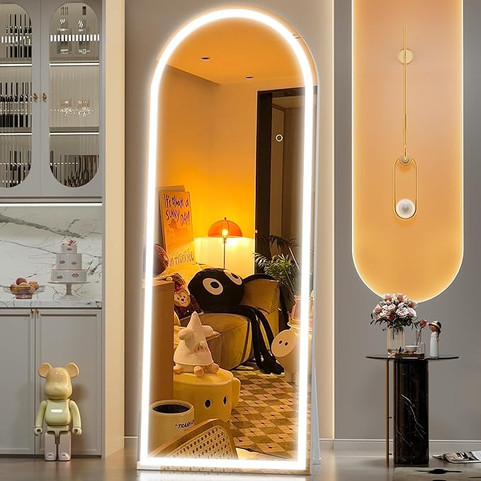 Hasipu 75" x 28" Led Mirror Full Length, Arch Mirror Full Length with Lights, Floor Full Body Glass with Stand,Tempered Glass,Shatter-Proof, Dimming & 3 Color for Bedroom Cloakroom-UL