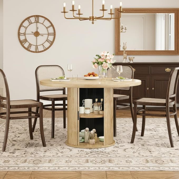 Farini 43" Round Dining Table for 4-6 with Storage Space,Modern Kitchen Room Table with Wood Top & Sturdy Metal Base,Natural