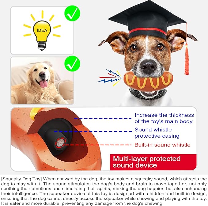Dog Toys Chewers,Dog Chew Toy for Aggressive Chewers Hotdog,Squeaky Dog Toy Interactive (Red Hotdog)