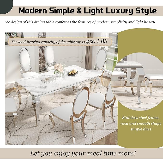 7-Piece Dining Table Set for 6, Faux Marble Modern Dining Table Set with 6 Big Oval Backrest Chairs, 70“ Stainless Steel Legs Table & Chair Set for Kitchen, Dining Room, White & Silver