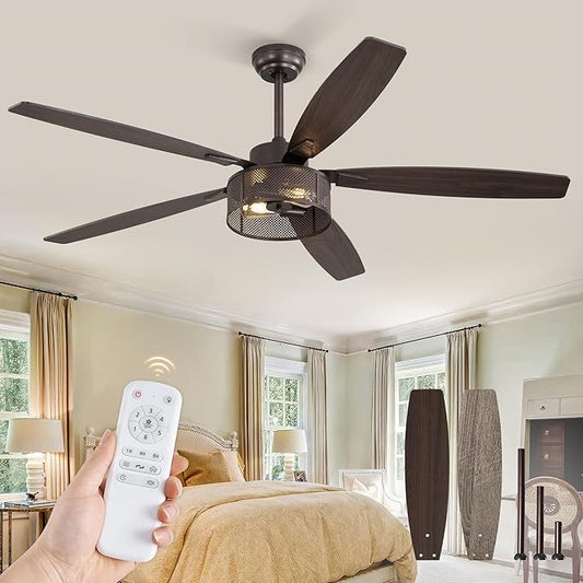 Fanbulous Farmhouse Ceiling Fans with Lights and Remote, 60 Inch Industrial Caged Ceiling Fans for Living Room Bedroom Kitchen, 6 Speed Reversible Quiet DC Motor, Dual Finish 5 Blades，Oil Bronze