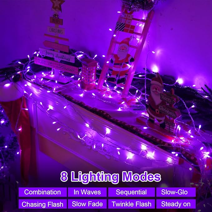 QITONG 165ft 500 LED Purple Christmas Lights, Clear Wire Outdoor String Lights with 8 Modes, Twinkle Xmas Lights Indoor Plug in
