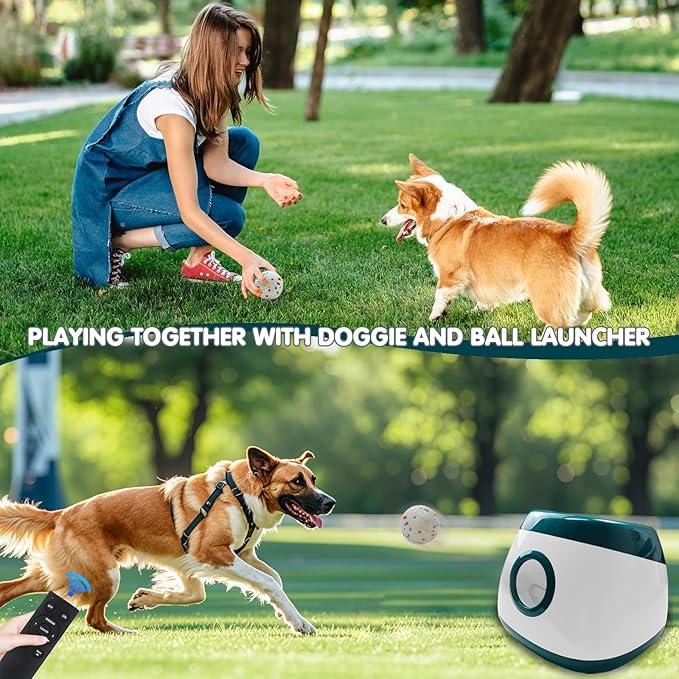 Automatic Dog Ball Launcher, Upgraded Interactive Dog Balls Thrower with 3 Distance 29Ft-79Ft, Remote Control Ball Launcher for Medium&Large Dogs, 6 Etpu Balls Included (Dark Green)