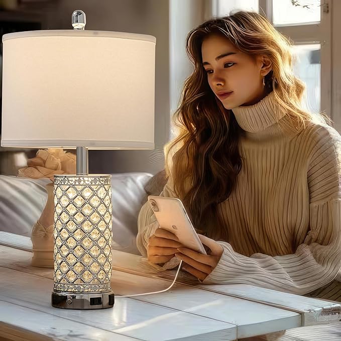 Crystal Table Lamps Set of 2, 3-Way Dimmable Bedside Lamp with 2 USB Ports & AC Outlets for Living Room Bedroom Nightstand Lamp Night Light (Silver- 2 Pack 24In)