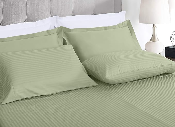 Threadmill 100% Cotton Sheets for Twin Size Bed - 600 Thread Count Twin Bed Sheets Set with 15” Deep Pocket - Damask Stripe Sateen Weave 3-Piece Bedding Set with Cooling Effect, Sage Green