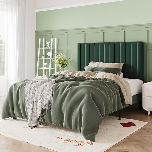 Allewie Twin Bed Frame, Velvet Upholstered Platform Bed with Adjustable Vertical Channel Tufted Headboard, Mattress Foundation with Strong Wooden Slats, Box Spring Optional, Easy Assembly, Green
