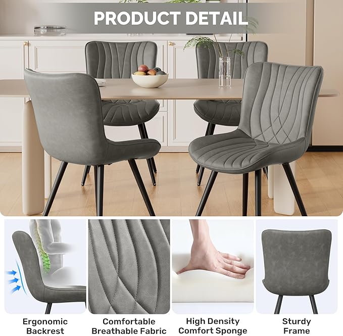 Dining Chair Set of 4 PU Leather Dining Room Chairs Upholstered Comfy Dining Chairs Modern Kitchen Armless Side Chair with Sturdy Metal Legs,Grey