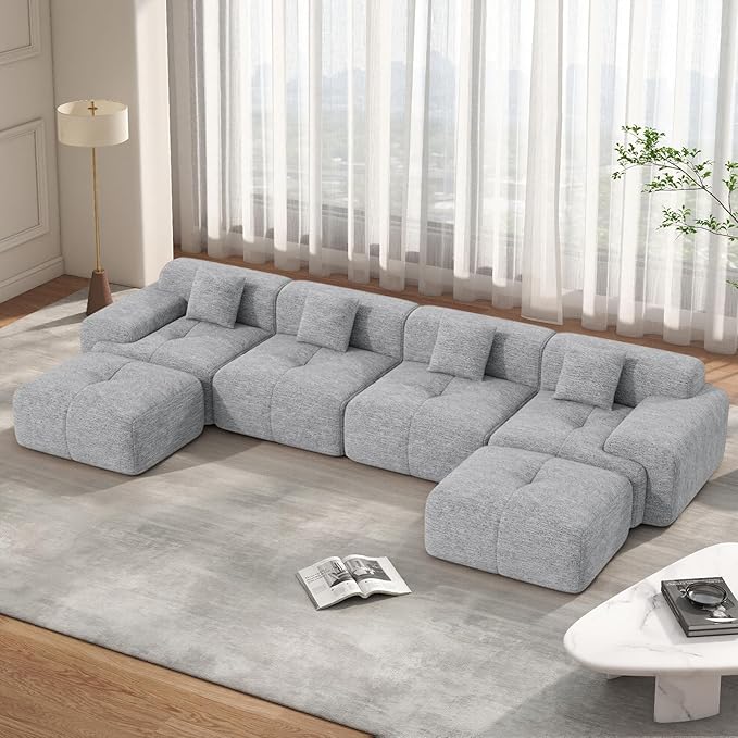 158" Modern U Shaped Modular Sectional Sofa, Boneless Couches for Living Room,6 Seater Convertible Chenille Cloud Couch Sofa Set, No Assembly Required, Light Grey 1 PCS