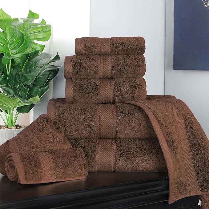 Superior Egyptian Cotton Pile 8 Piece Towel Set, Includes 2 Bath, 2 Hand, 4 Face Towels/Washcloths, Ultra Soft Luxury Towels, Thick Plush Essentials, Guest Bath, Spa, Hotel Bathroom, Chocolate
