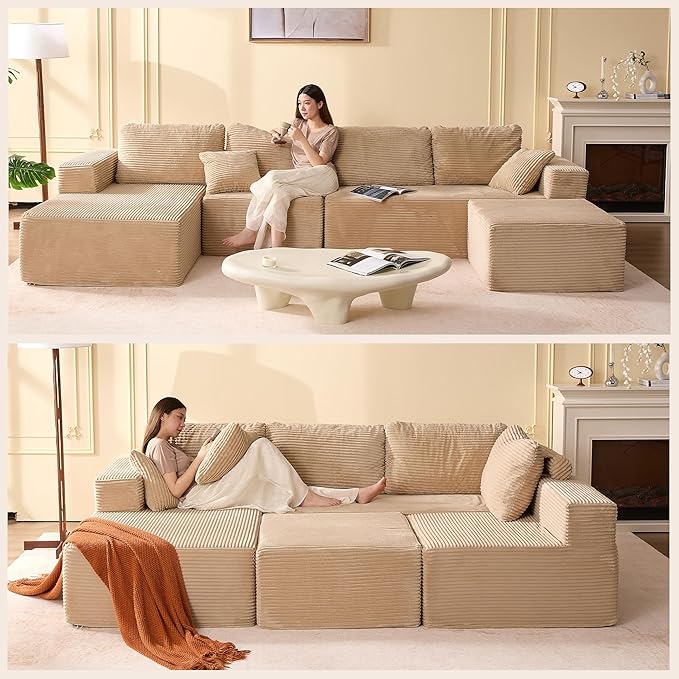 138" Boneless Couch with Deep Seat, Modular Sectional Sofa, Cloud Sectional Couch for Living Room, No Assembly Required, Corduroy, U-Shape 4 Seater Left, Camel