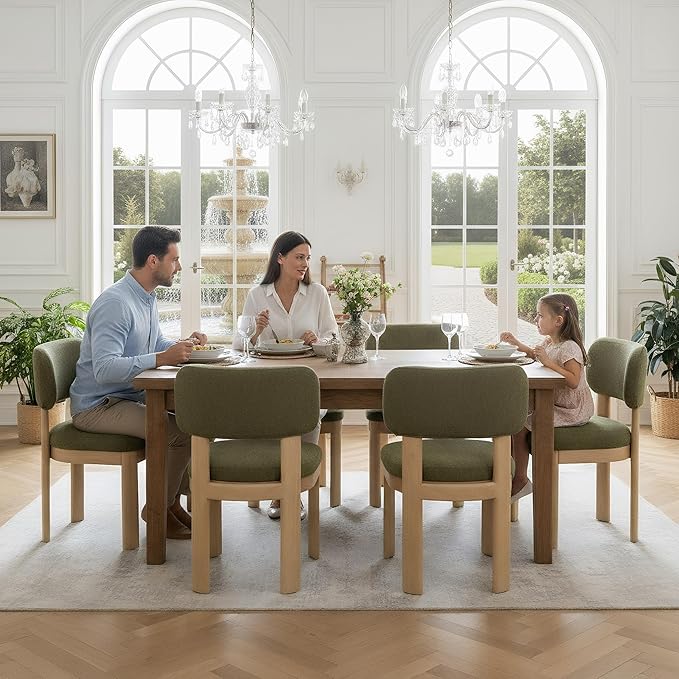 Green Upholstered Dining Chairs Set of 2 Chenille Fabric Dining Room Chairs Modern Barrel Kitchen Chairs with Curved Backrest and Wooden Legs