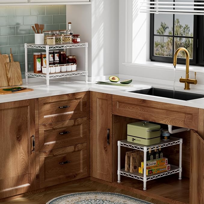 Small 2 Tier Shelves Storage Wire Shelving Unit Metal Shelf Adjustable Organizers Storage Shelving for Bathroom Laundry Room Kitchen Pantry12”D x 18”W x 12.2”H White