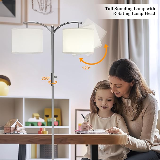 Dimmable Floor Lamp, Arc Floor Lamps for Living Room, Stepless Dimming Modern Standing Lamp with Linen Shade, Tall Lamp for Bedroom Office Dining Room- Grey