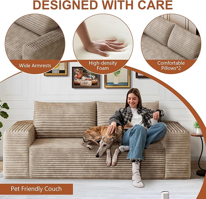 71" Corduroy Loveseat Sofa, 3-Seater Cloud Couch, Boneless Couch in a Box, Comfy Deep Seat Sofa with Memory Foam, Pillows and Wide Armrests, Modern Small Couches for Small Spaces, No Assembly (Camel)