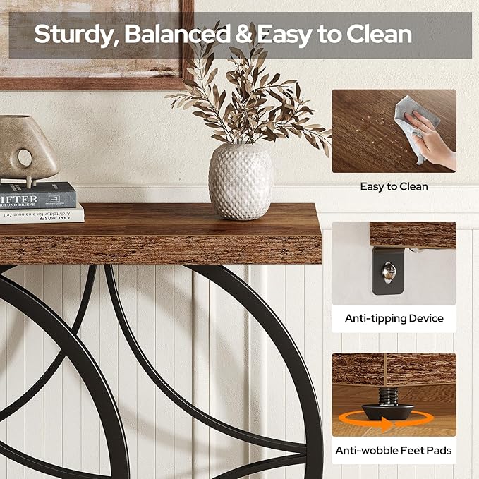 39.4" Console Table, Industrial Entryway Table with Anti-Tilt Design, Narrow Wood Accent Sofa Table Behind Couch with Double Circle Base for Entryway, Living Room, Hallway, Foyer