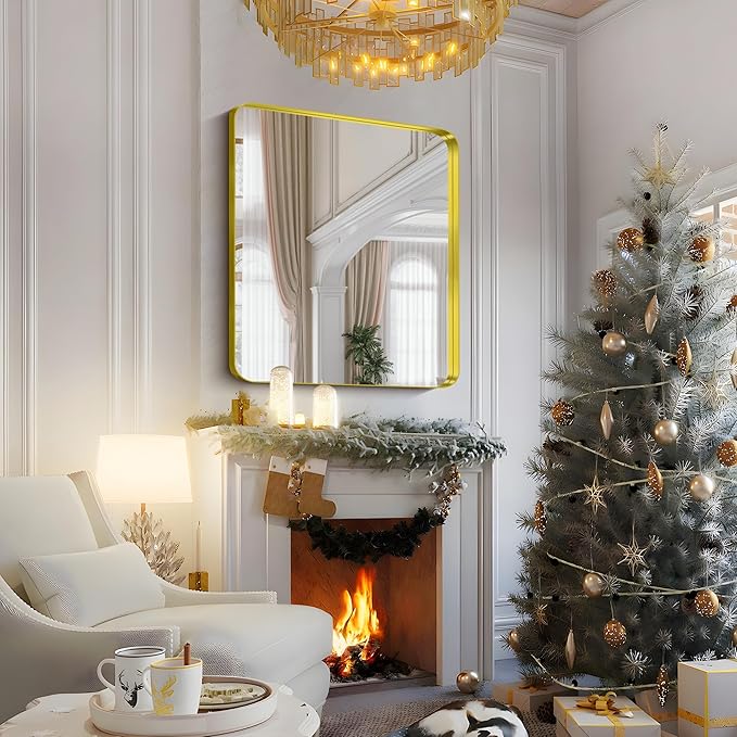 FORBATH 48x40 Inch Bathroom Mirror, Brushed Gold Deep Frame Wall Mirror with Rounded Corners, Anti-Rust Tempered Glass for Modern Farmhouse Vanity (Horizontal/Vertical)