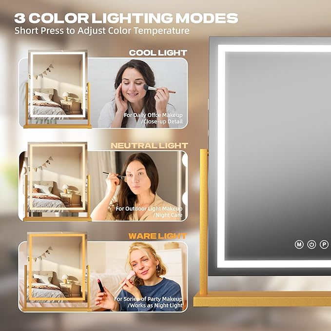 Hasipu Vanity Mirror with Lights, 17" x 22" LED Makeup Mirror, Light up Mirror with Smart Touch 3 Color Modes and Brightness Adjustment, 10X Magnifying Glass,360° Rotation (Gold)