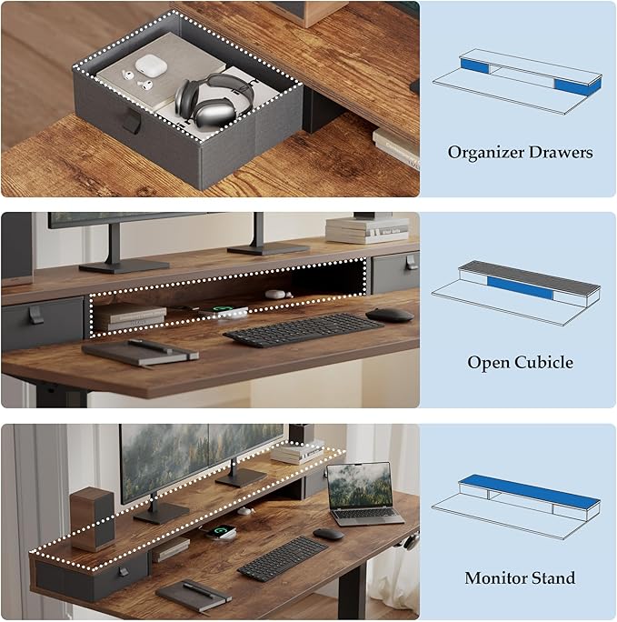 Klicelor 63 Inch Electric Standing Desk with Drawers, Adjustable Height Small Sit Stand Desk for Home Office, Compact Computer Workstation with Storage– Rustic Brown