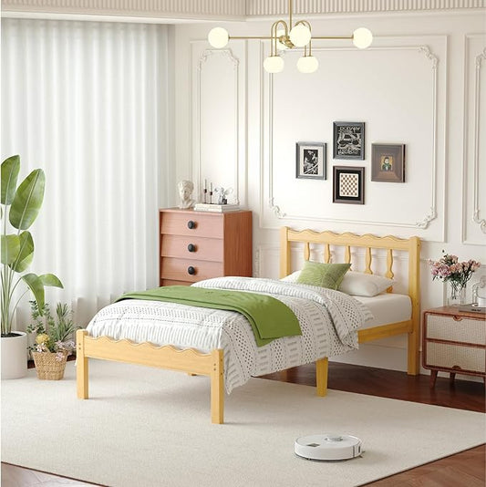 Bamboo Twin Bed Frame with Headboard, 14 inch Solid Wood Platform Bed Frames Twin Size with Metal Slats, No Box Spring Needed, Easy Assembly, Noise Free