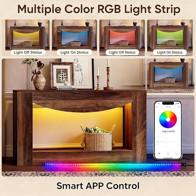 Farmhouse Console Table, 47 Inches Entryway Console Table with LED Light, Sofa Table Behind Couch, Wooden Accent Entryway Table for Living Room, Hallway